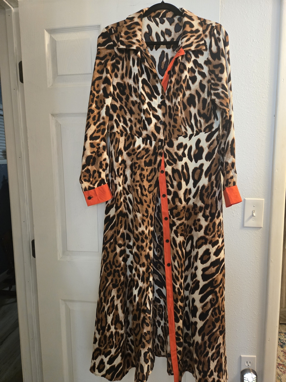 Lightweight Leopard Print Button-Down Duster with Bright Red Trim